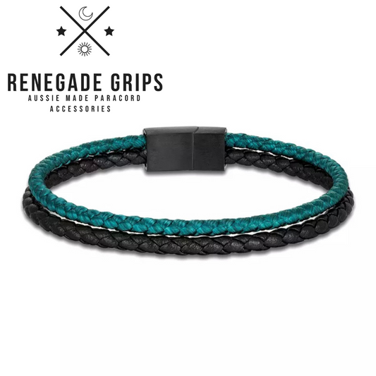 Teal and Black Leather Bracelet with Metal Buckle